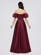 Burgundy Satin A-Line Square Neck Lace-up Floor-Length Dress with Pleated Bodice - Curvevia