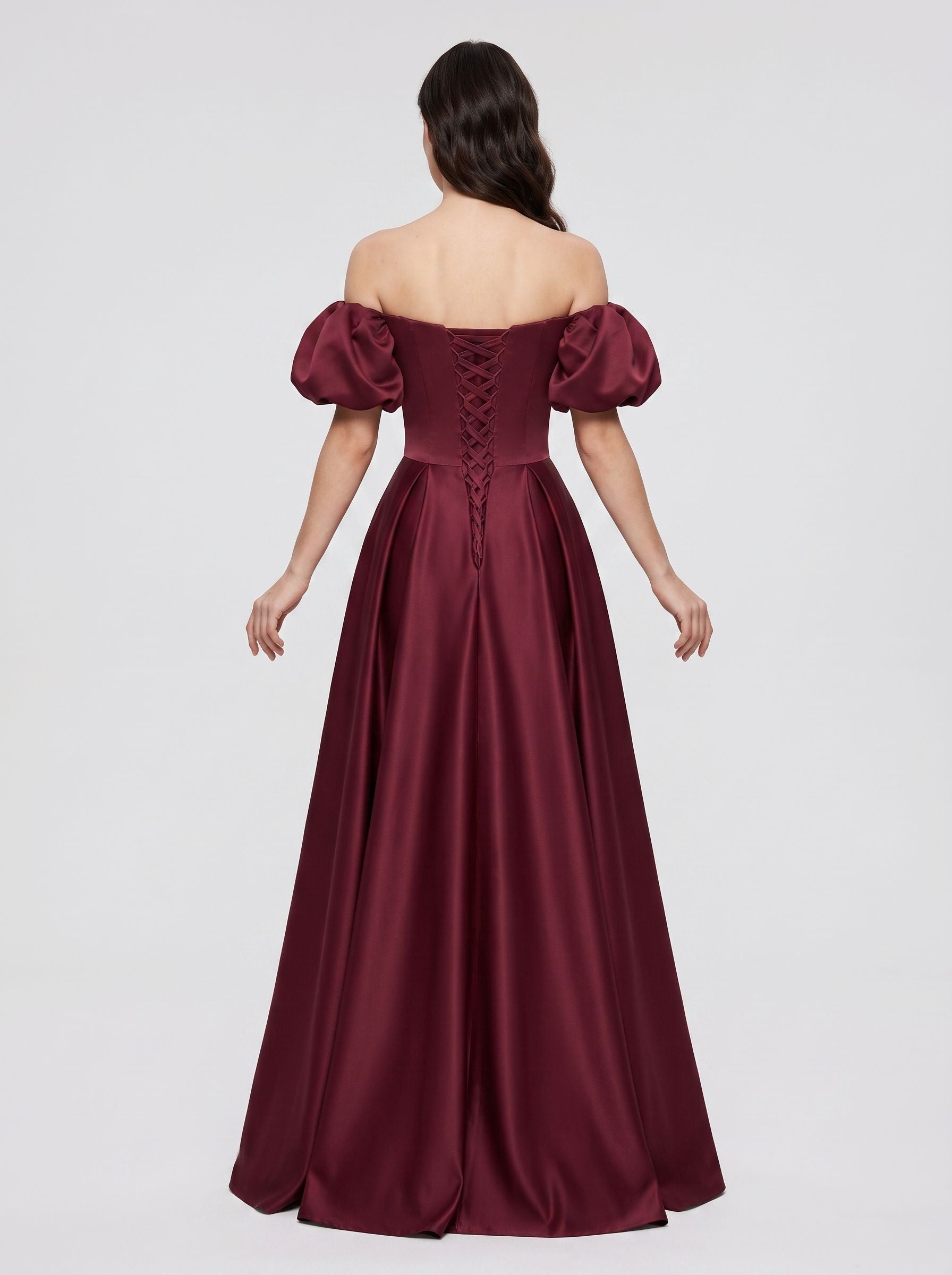 Burgundy Satin A-Line Square Neck Lace-up Floor-Length Dress with Pleated Bodice - Curvevia