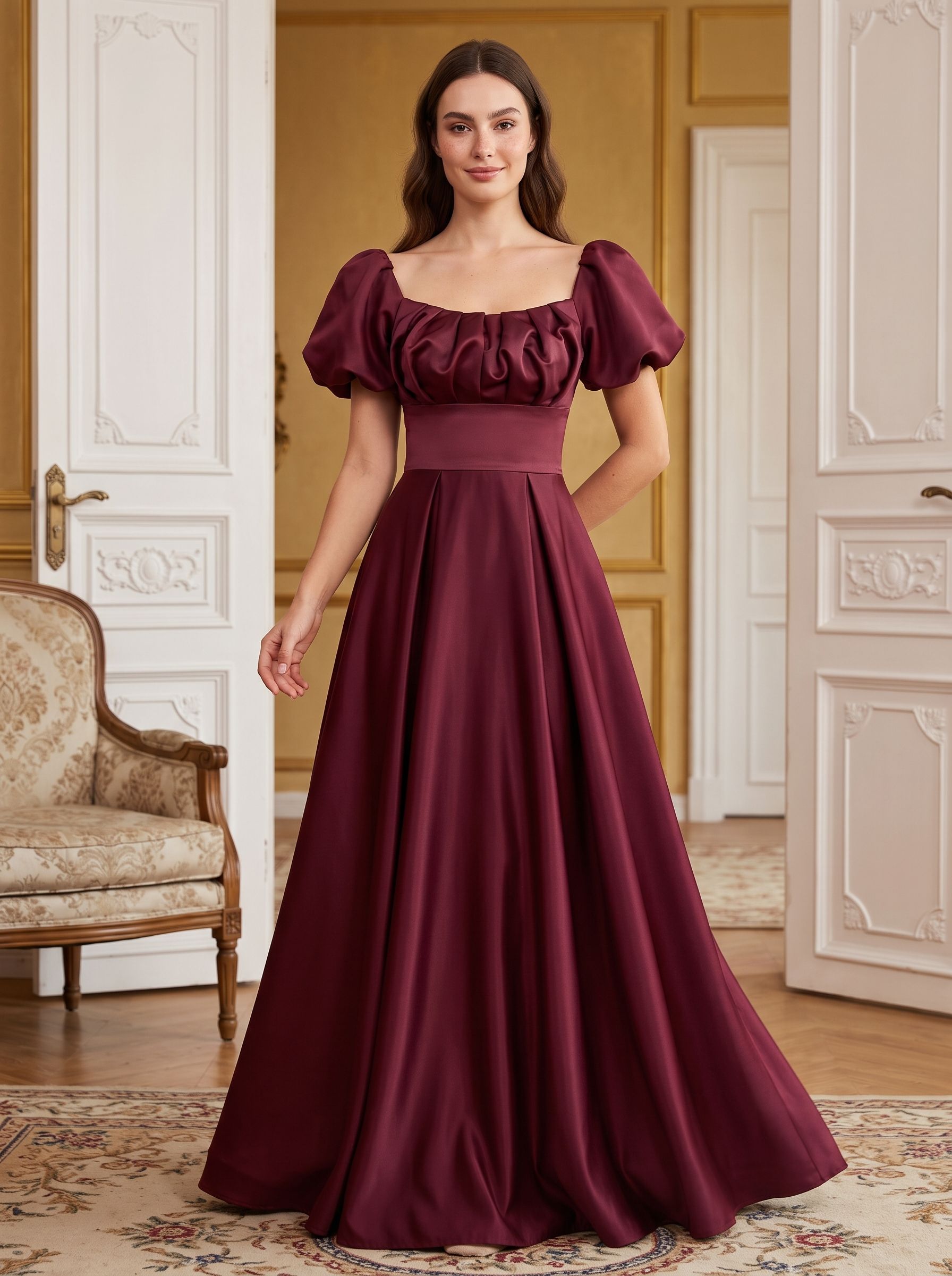 Burgundy Satin A-Line Square Neck Lace-up Floor-Length Dress with Pleated Bodice - Curvevia