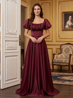 Burgundy Satin A-Line Square Neck Lace-up Floor-Length Dress with Pleated Bodice - Curvevia