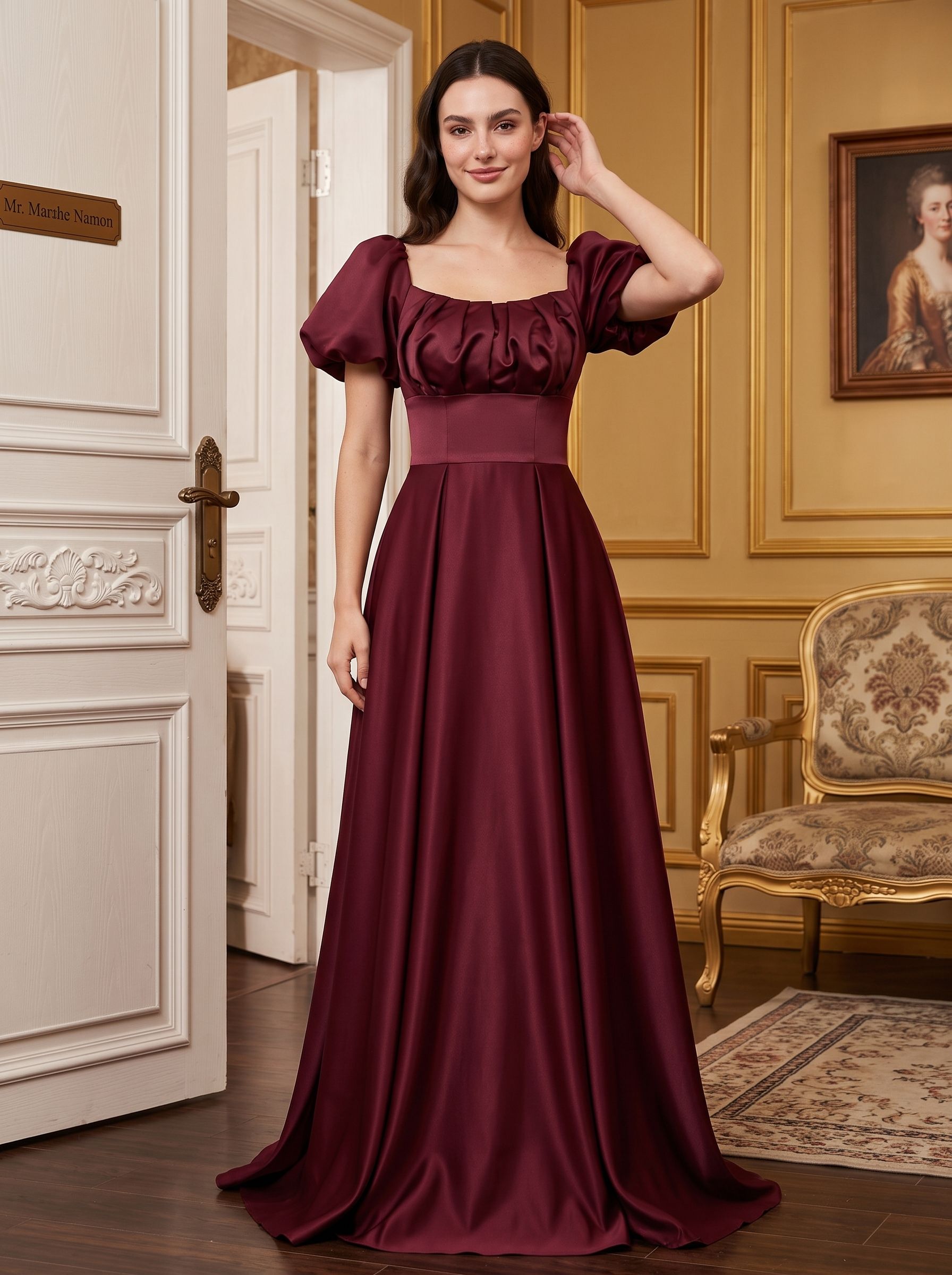 Burgundy Satin A-Line Square Neck Lace-up Floor-Length Dress with Pleated Bodice - Curvevia