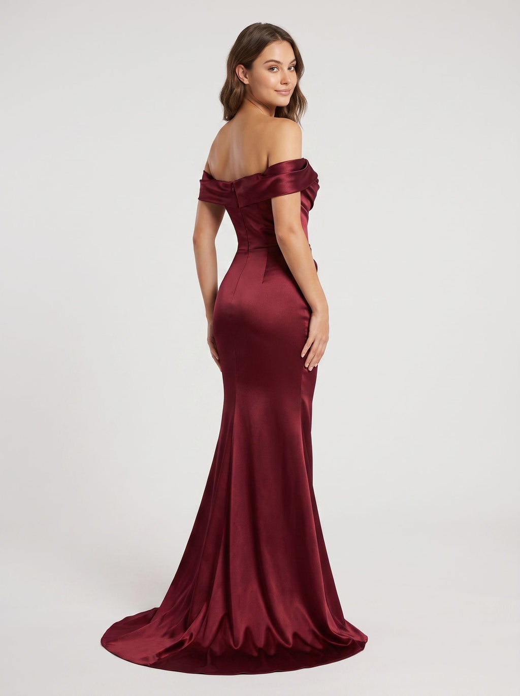 Burgundy Satin Mermaid Off-the-Shoulder Back Zip Floor-Length Dress with Draped Bodice - Curvevia