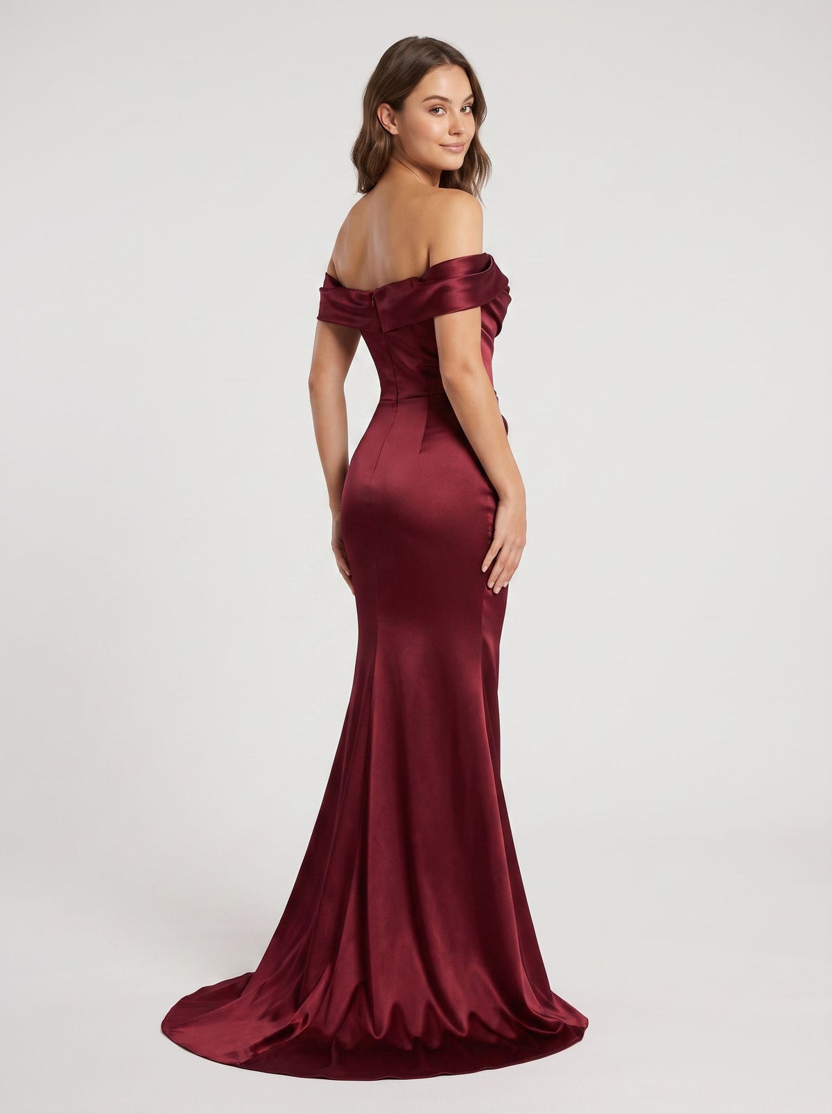 Burgundy Satin Mermaid Off-the-Shoulder Back Zip Floor-Length Dress with Draped Bodice - Curvevia