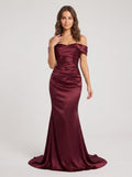 Burgundy Satin Mermaid Off-the-Shoulder Back Zip Floor-Length Dress with Draped Bodice - Curvevia