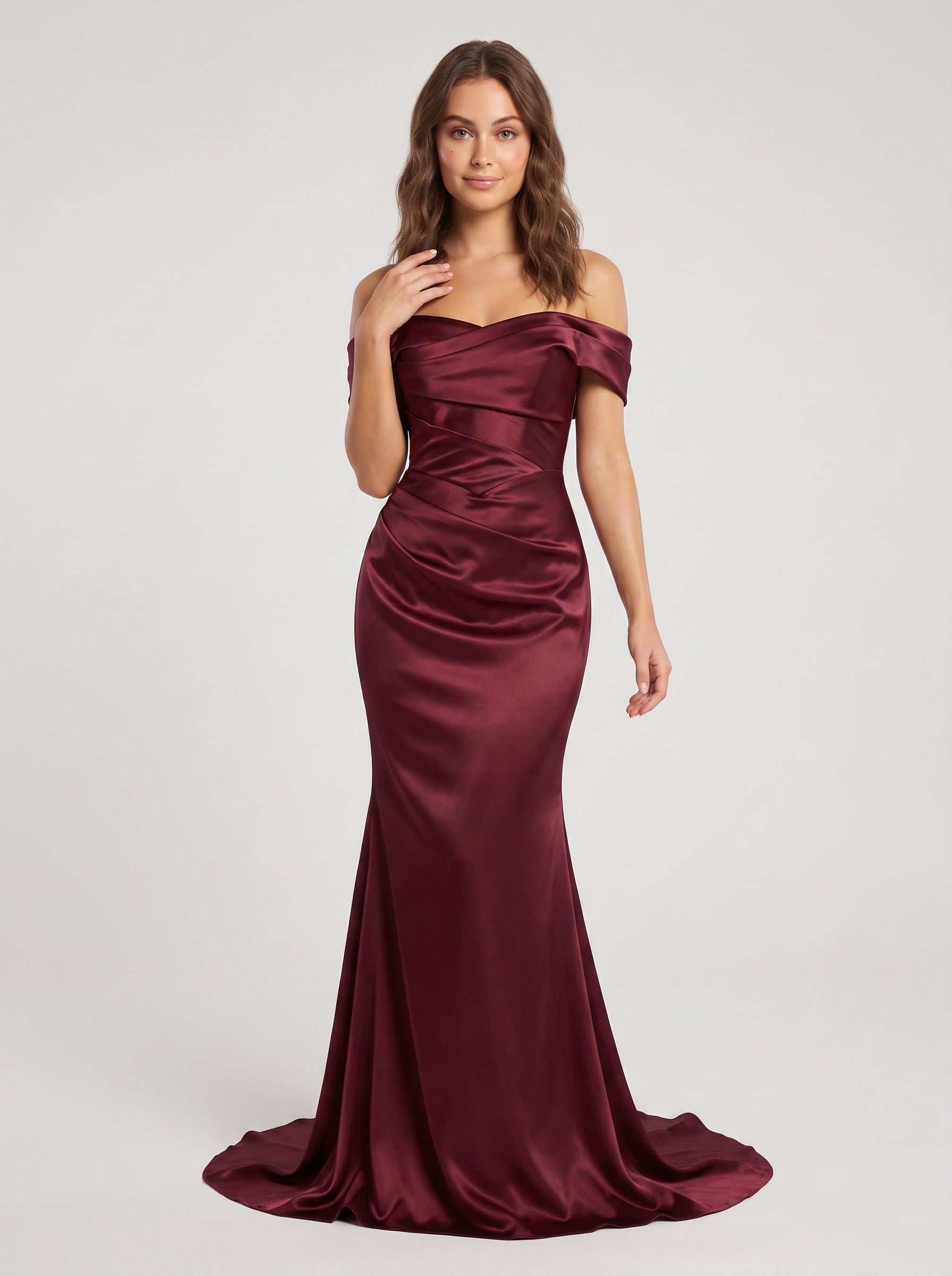 Burgundy Satin Mermaid Off-the-Shoulder Back Zip Floor-Length Dress with Draped Bodice - Curvevia