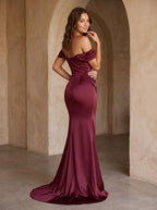 Burgundy Satin Mermaid Off-the-Shoulder Back Zip Floor-Length Dress with Draped Bodice - Curvevia