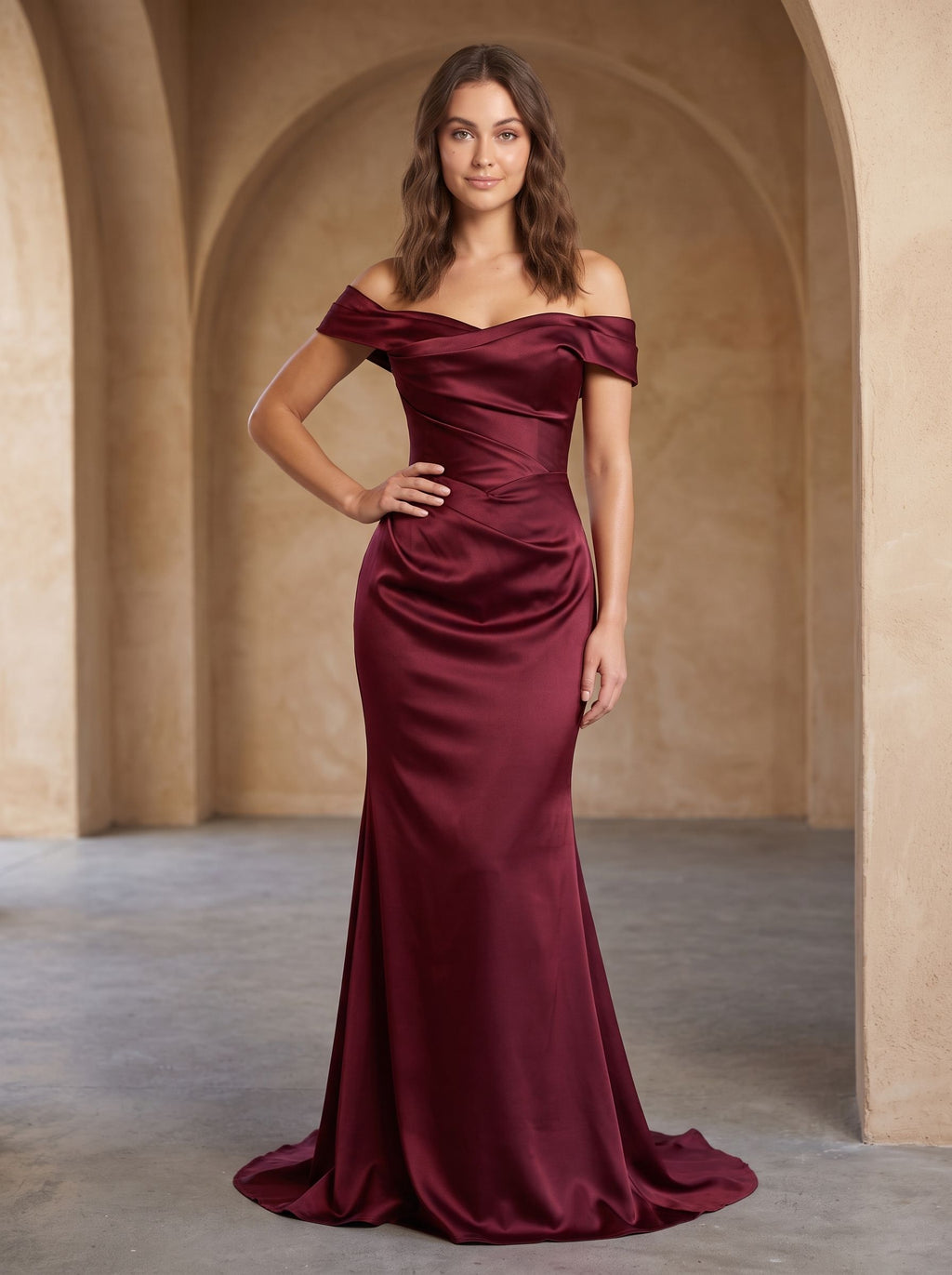 Burgundy Satin Mermaid Off-the-Shoulder Back Zip Floor-Length Dress with Draped Bodice - Curvevia
