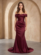 Burgundy Satin Mermaid Off-the-Shoulder Back Zip Floor-Length Dress with Draped Bodice - Curvevia