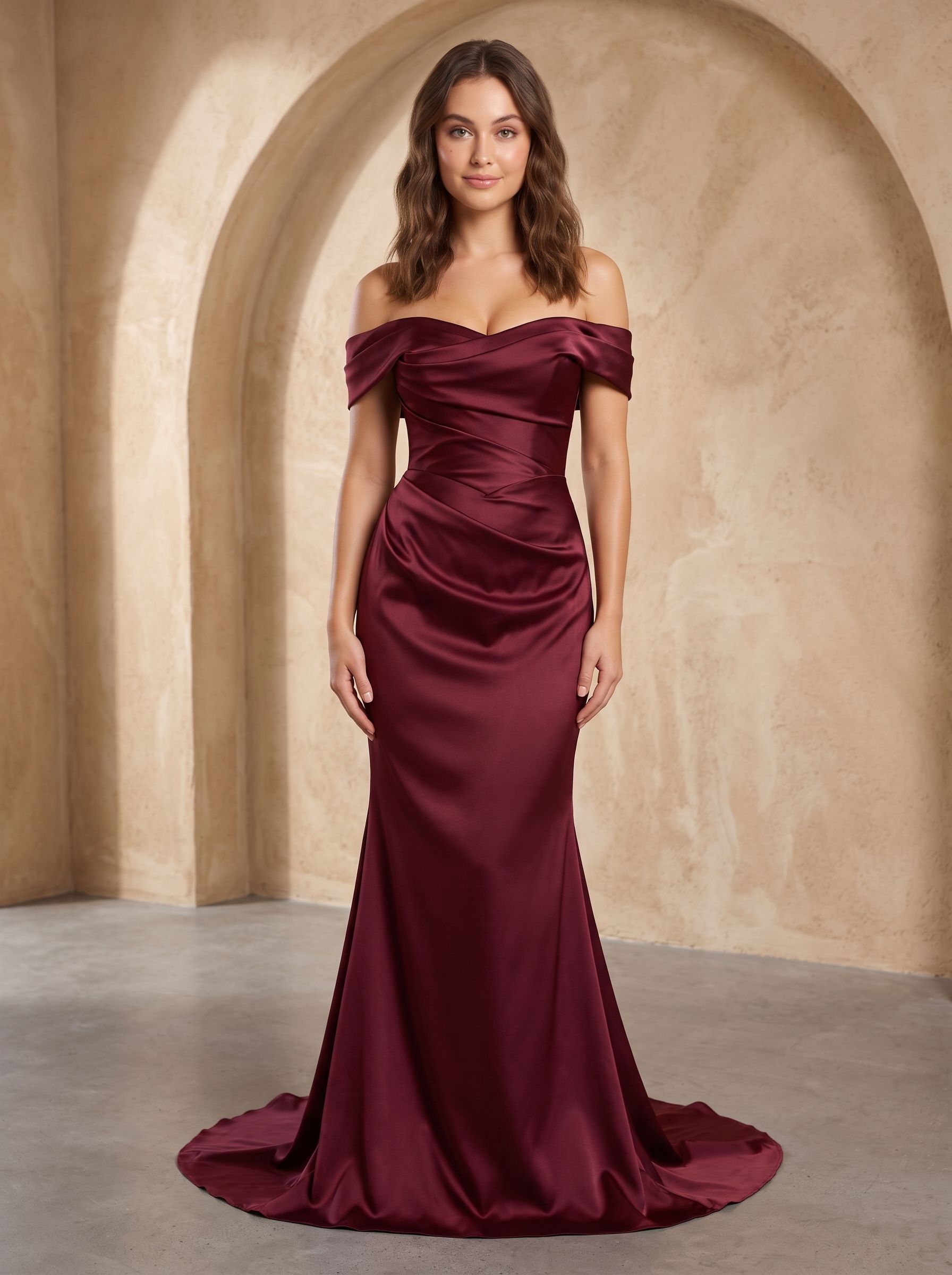 Burgundy Satin Mermaid Off-the-Shoulder Back Zip Floor-Length Dress with Draped Bodice - Curvevia
