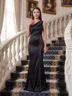 Black Satin Mermaid One Shoulder Side Zip Floor-Length Dress with Pleated Bodice - Curvevia