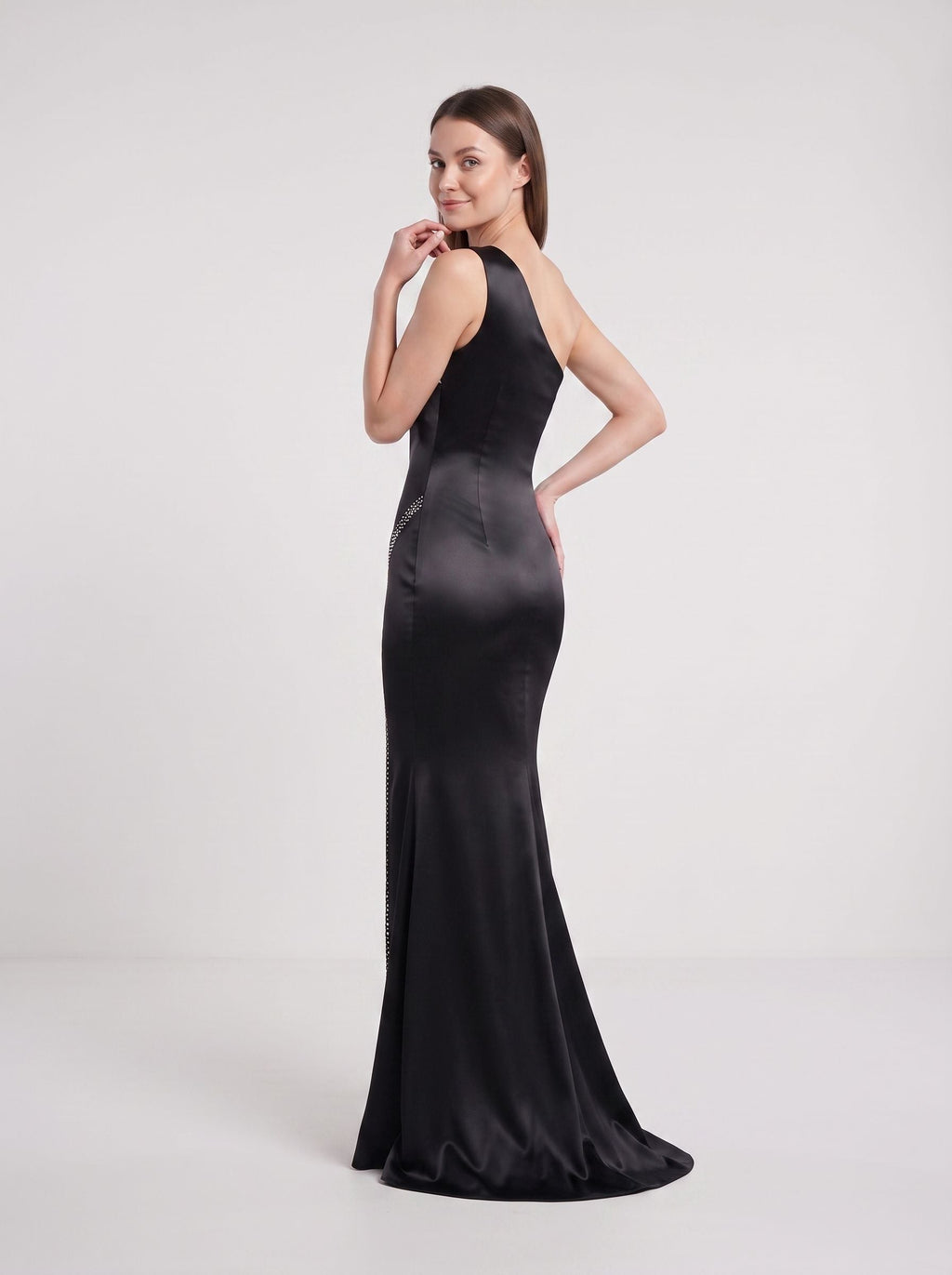 Black Satin Mermaid One Shoulder Side Zip Floor-Length Dress with Pleated Bodice - Curvevia