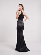Black Satin Mermaid One Shoulder Side Zip Floor-Length Dress with Pleated Bodice - Curvevia