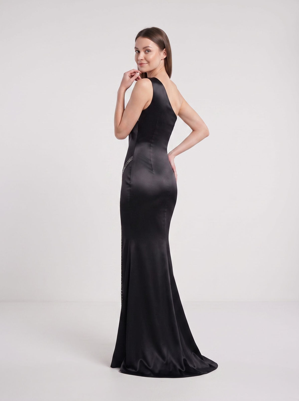 Black Satin Mermaid One Shoulder Side Zip Floor-Length Dress with Pleated Bodice - Curvevia