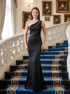 Black Satin Mermaid One Shoulder Side Zip Floor-Length Dress with Pleated Bodice - Curvevia