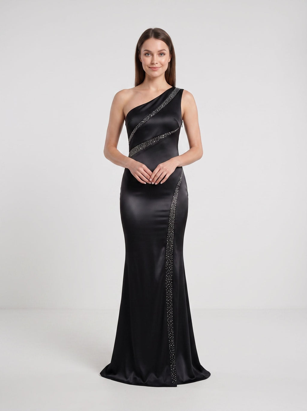 Black Satin Mermaid One Shoulder Side Zip Floor-Length Dress with Pleated Bodice - Curvevia