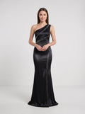 Black Satin Mermaid One Shoulder Side Zip Floor-Length Dress with Pleated Bodice - Curvevia