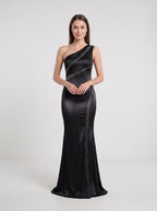Black Satin Mermaid One Shoulder Side Zip Floor-Length Dress with Pleated Bodice - Curvevia