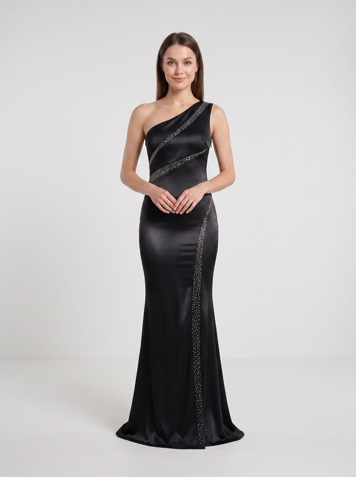 Black Satin Mermaid One Shoulder Side Zip Floor-Length Dress with Pleated Bodice - Curvevia