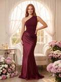 Burgundy Satin Sheath One Shoulder Floor-Length Dress - Curvevia