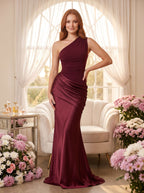 Burgundy Satin Sheath One Shoulder Floor-Length Dress - Curvevia