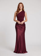 Burgundy Satin Sheath One Shoulder Floor-Length Dress - Curvevia