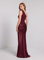 Burgundy Satin Sheath One Shoulder Floor-Length Dress - Curvevia