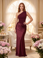 Burgundy Satin Sheath One Shoulder Floor-Length Dress - Curvevia