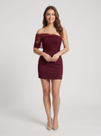 Burgundy Tulle Sheath One Shoulder Back Zip Short Dress with drape - Curvevia