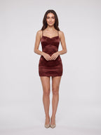 Burgundy Satin Sheath V-Neck Backless Short Dress with Ruched Bodice - Curvevia