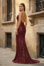 Black Spaghetti Straps Mermaid Sequined Long Prom Dresses With Slit - Curvevia