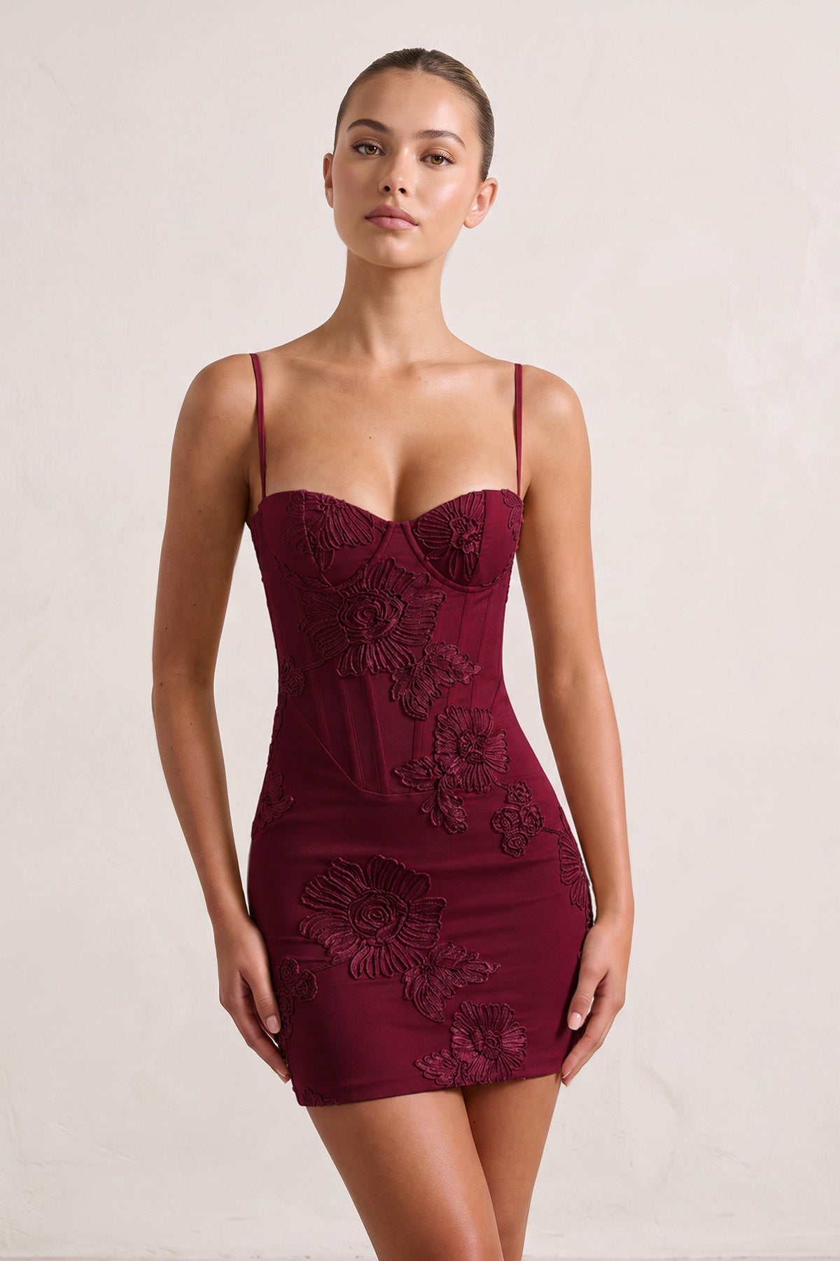 Burgundy Spaghetti Straps Sheath Homecoming Dress With Floral Embroidery - Curvevia