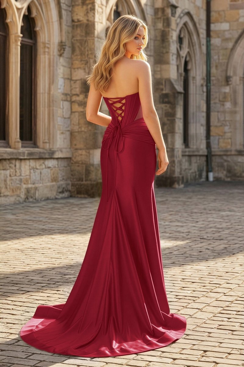 Yellow Sweetheart Mermaid Satin Beaded Long Evening Dress With Slit - Curvevia