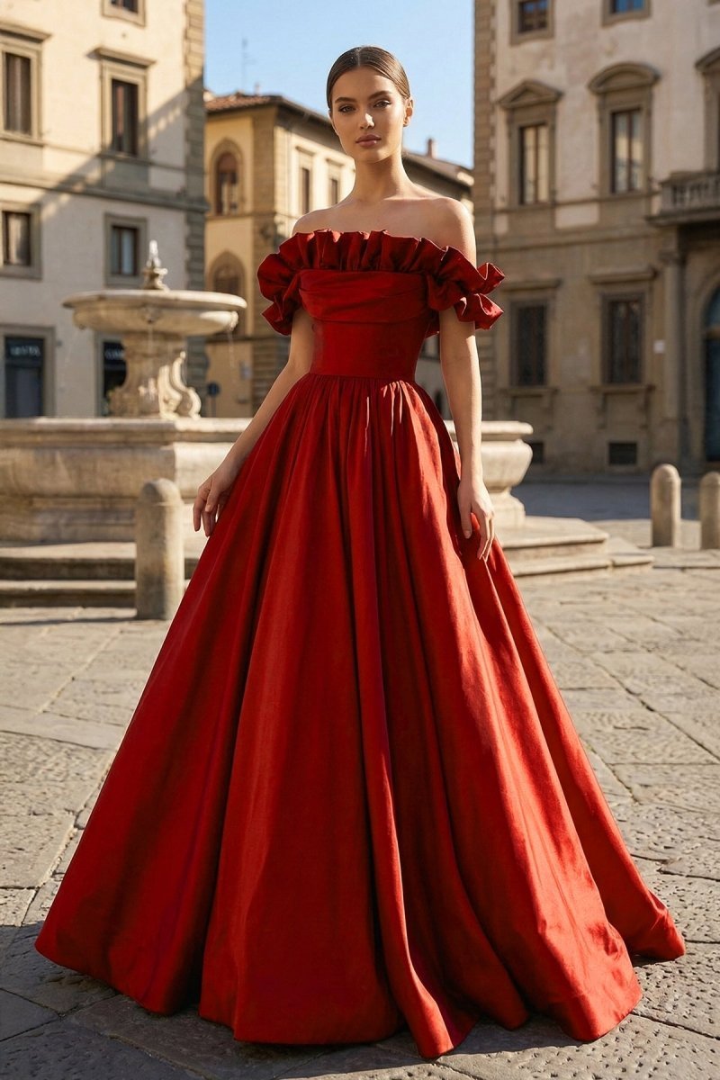Burgundy Strapless Satin Long Wedding Guest Dress, A-Line Evening Party Dress - Curvevia