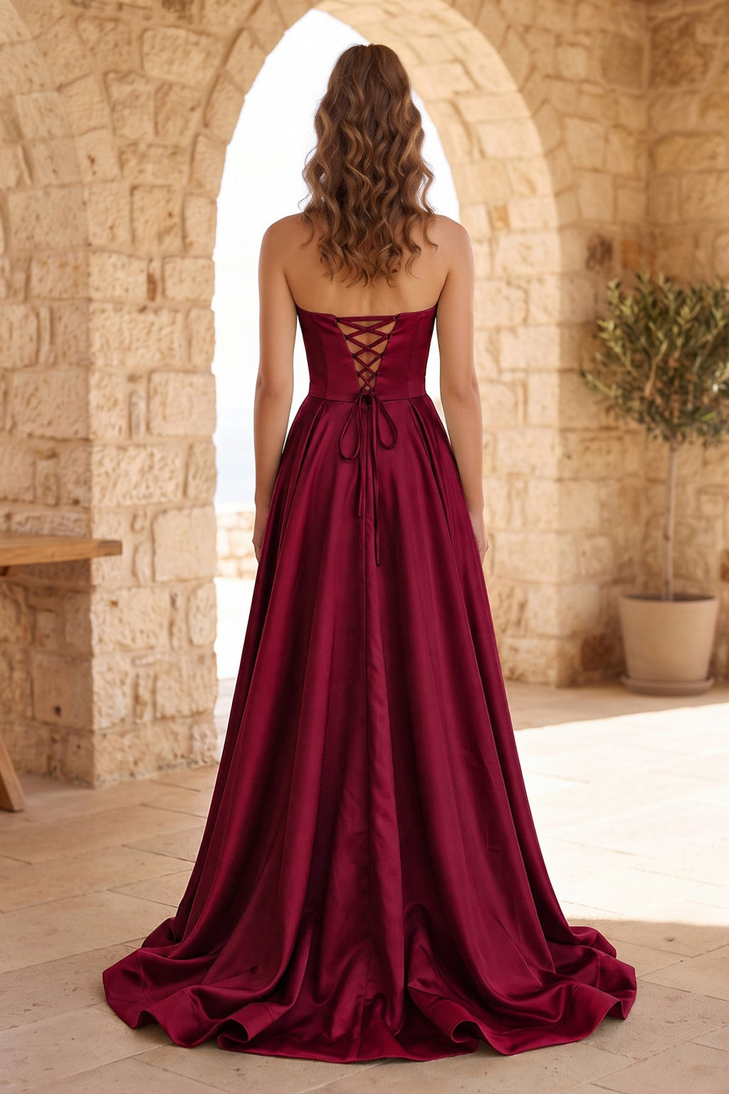 Black Strapless Satin Long Evening Dress With High Split - Curvevia