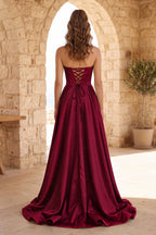 Black Strapless Satin Long Evening Dress With High Split - Curvevia