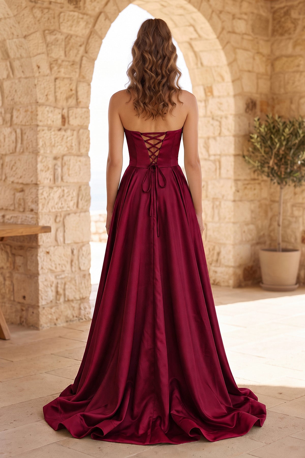 Black Strapless Satin Long Evening Dress With High Split - Curvevia