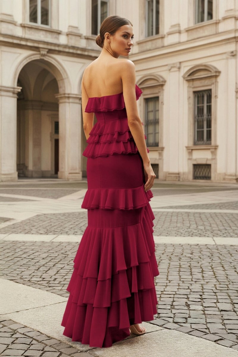 Pink Strapless Sheath Chiffon Ruffled Long Wedding Guest Dress - Curvevia