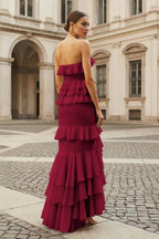 Pink Strapless Sheath Chiffon Ruffled Long Wedding Guest Dress - Curvevia