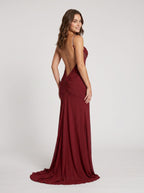 Burgundy Stretch Knit Sheath Cowl Neck Backless Floor-Length Dress with Crystal Beading - Curvevia