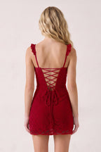 Yellow Sweetheart Lace Sheath Mini Homecoming Dress with Lace-Up Back - Curvevia