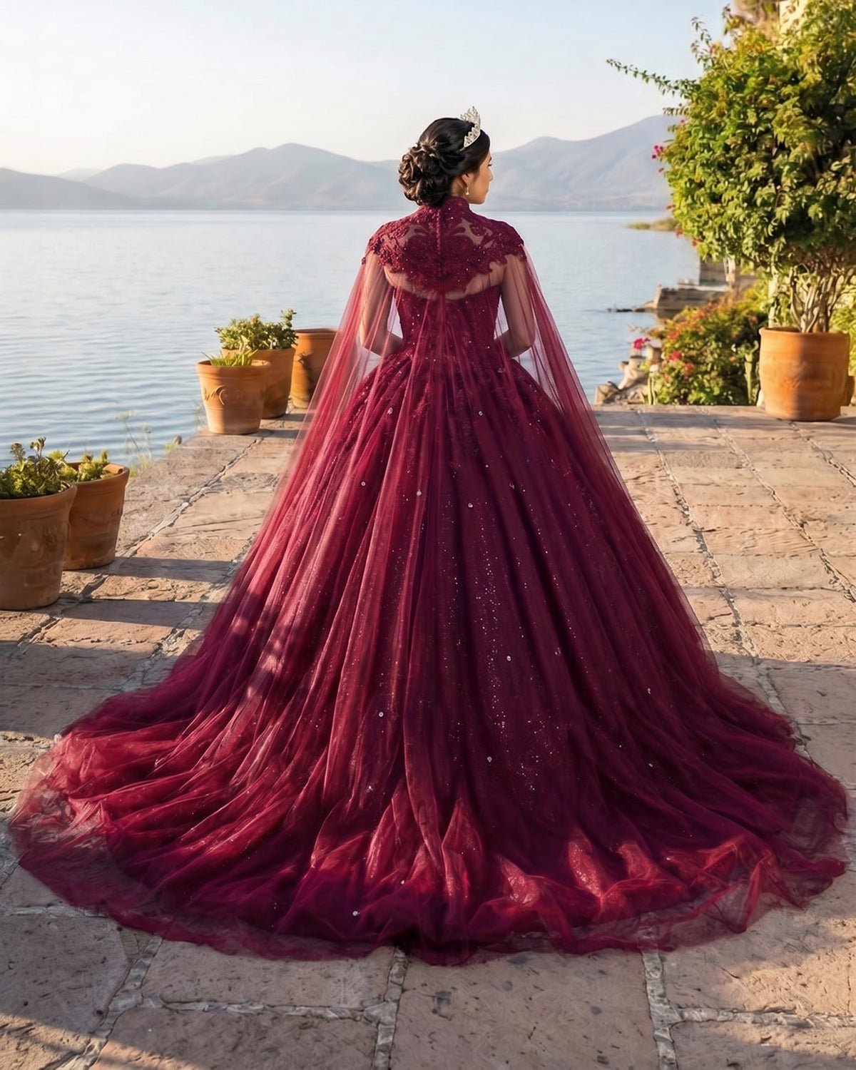 Royal Blue Tulle Ball Gown Prom Dress With Cape - Curvevia