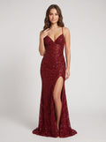 Burgundy Tulle Mermaid V-Neck Lace-up Floor-Length Dress with Beaded Bodice and Side Slit - Curvevia
