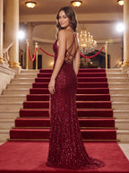 Burgundy Tulle Mermaid V-Neck Lace-up Floor-Length Dress with Beaded Bodice and Side Slit - Curvevia