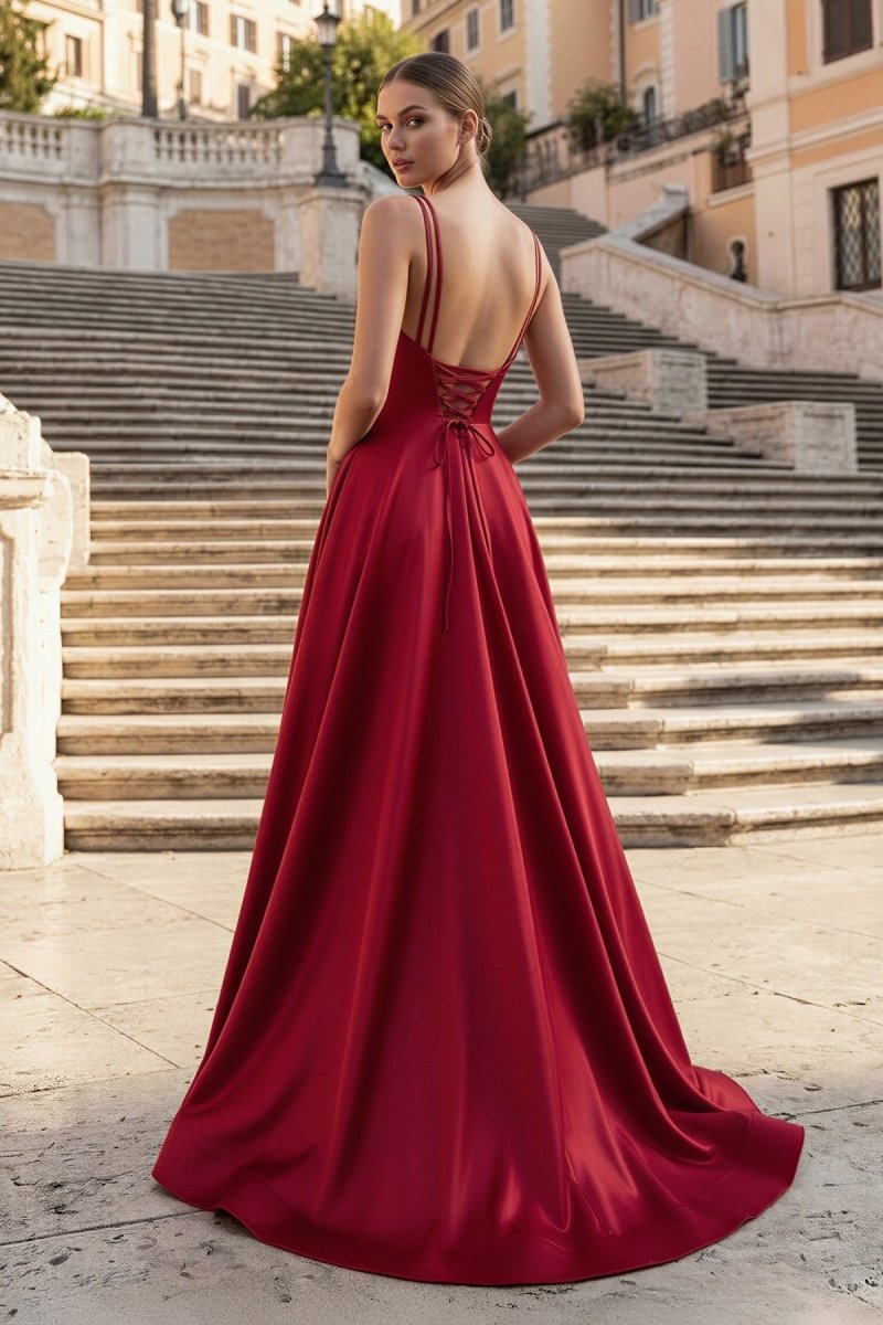 Burgundy Spaghetti Straps A Line Satin Long Prom Dresses With Slit - Curvevia