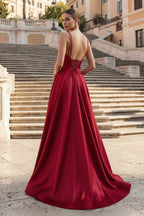 Burgundy Spaghetti Straps A Line Satin Long Prom Dresses With Slit - Curvevia