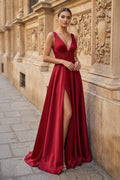 Burgundy V Neck Lace Long Wedding Guest Dress with High Slit - Curvevia