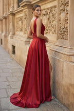 Burgundy V Neck Lace Long Wedding Guest Dress with High Slit - Curvevia