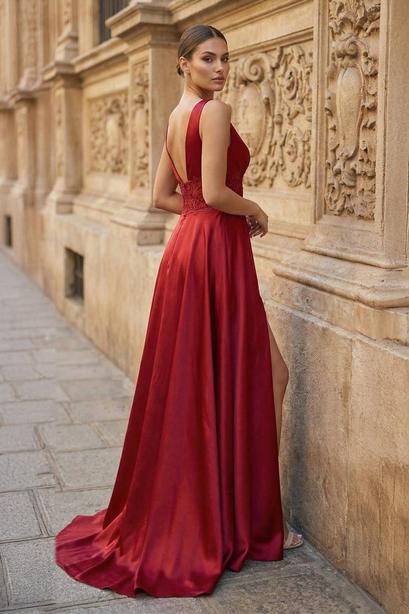 Burgundy V Neck Lace Long Wedding Guest Dress with High Slit - Curvevia