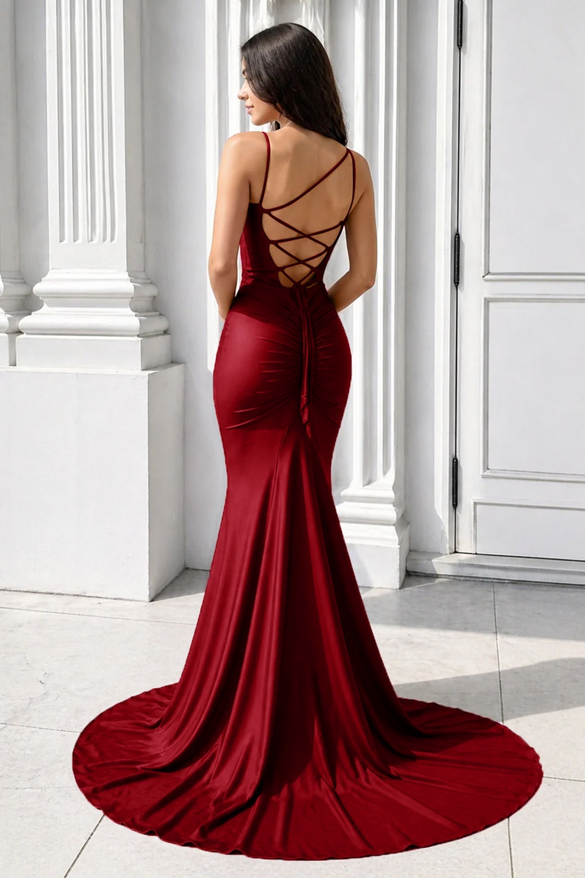 Purple Spaghetti Straps Lace-Up Mermaid Long Evening Dress - Curvevia