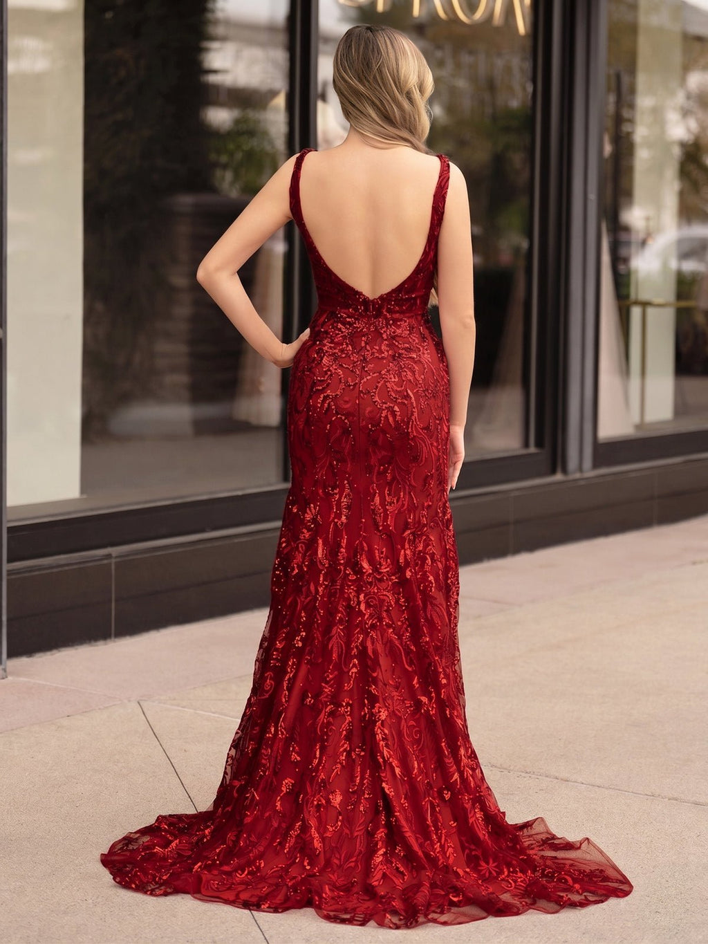 Mermaid V Neck Sequined Lace Evening Dress with Slit - Curvevia